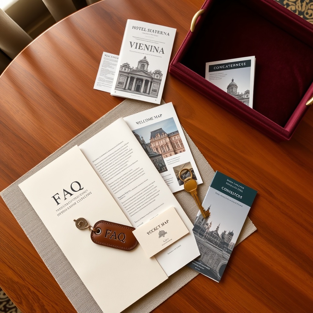 Überblick über eine elegante FAQ-Anordnung in einem Wiener Hotel, mit "haus und hotelbesuche wien" auf einem Walnusstisch.