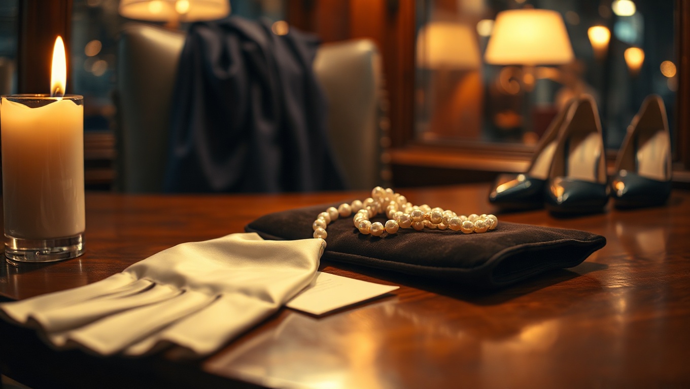 Ein intimes Bistro-Setting mit einer Seidenschicht, Perlen und einer eleganten Clutch, ideal für wien girls privat.