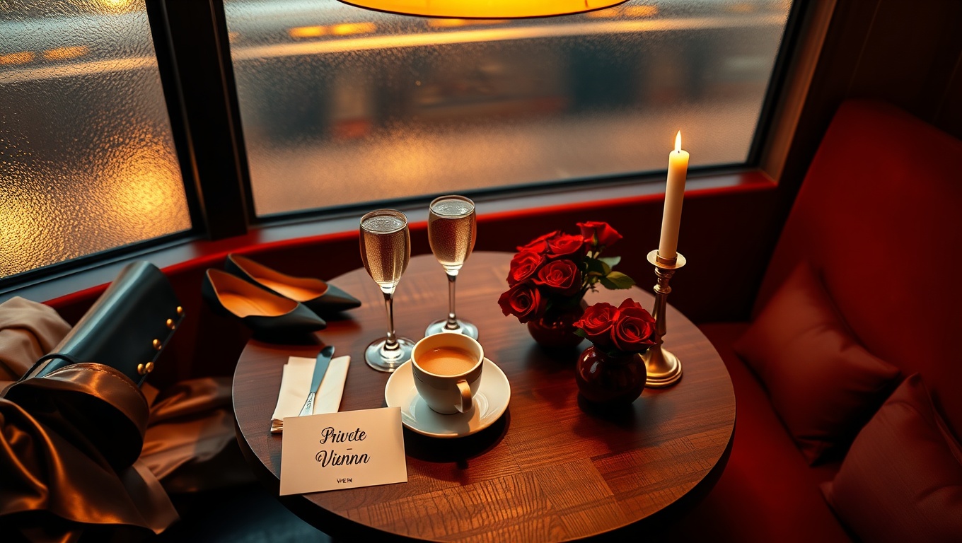 Ein intimes, menschenleeres Abendessen in Wien: elegante Accessoires, Champagnerflöten, Macarons und rote Rosen.