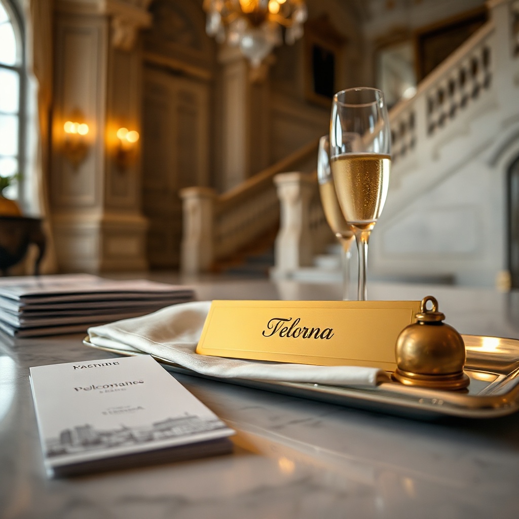 Ein graviertes Namensschild auf einer gefalteten ivory Seidenschärpe, umgeben von eleganten Eventdetails in einem Foyer.