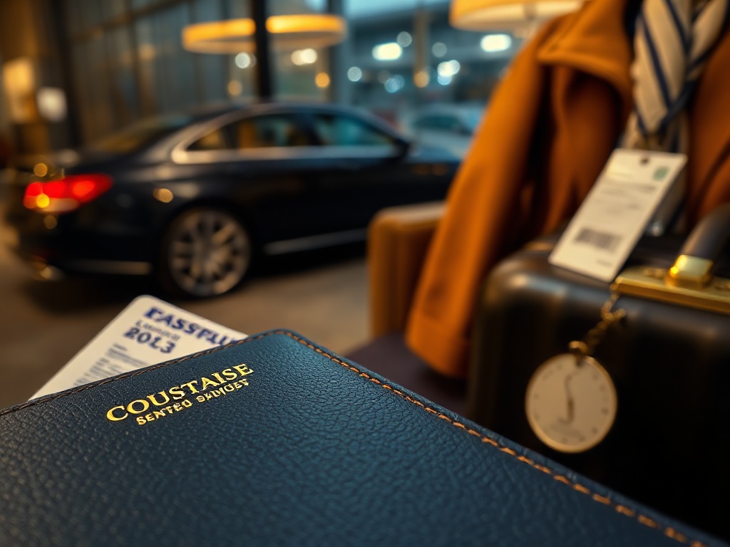Makroaufnahme einer goldenen Concierge-Karte und eines Reisepasses in einer blauen Lederbörse, umgeben von eleganten Reisedetails.