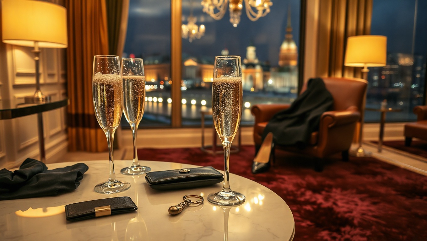 Zwei Kristall-Sektgläser auf einem marmorierten Tisch in einer luxuriösen Suite in Wien, umgeben von eleganten Accessoires.