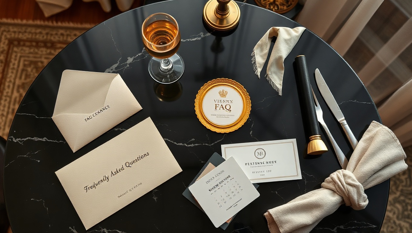 Elegante FAQ-Stationery für einen Luxury Escort Vienna Service auf einem dunklen Marmor-Tisch, opulent arrangiert.