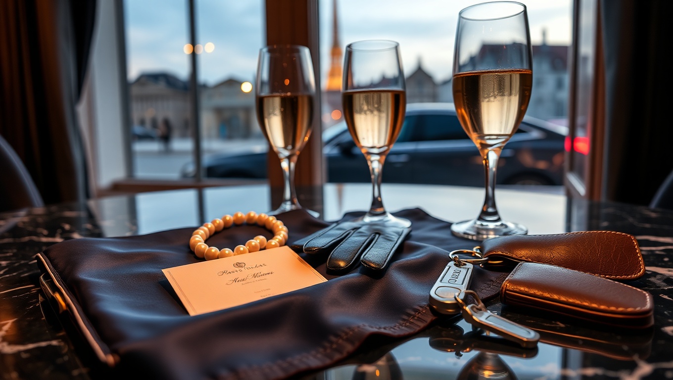 Nahaufnahme eines eleganten Tisches mit einer Wien Escort Agentur-Anzeige, luxuriösen Accessoires und Blick auf die Kathedrale.