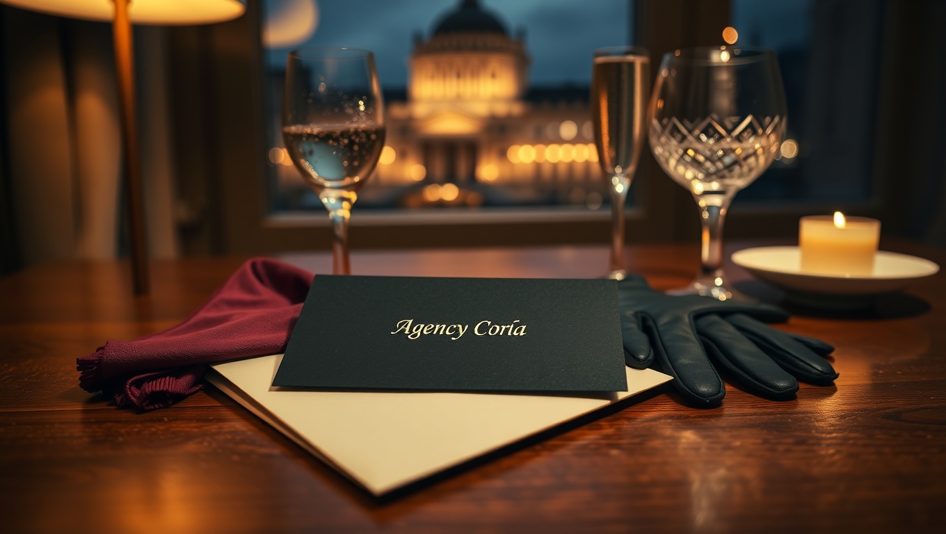 Eine matte schwarze Visitenkarte mit goldener Prägung liegt auf einem gefalteten cremefarbenen Umschlag, umgeben von eleganten Accessoires. Im Hintergrund ist die Silhouette der Wiener Oper bei Dämmerung sichtbar. Begleitung Escort agentur wien.
