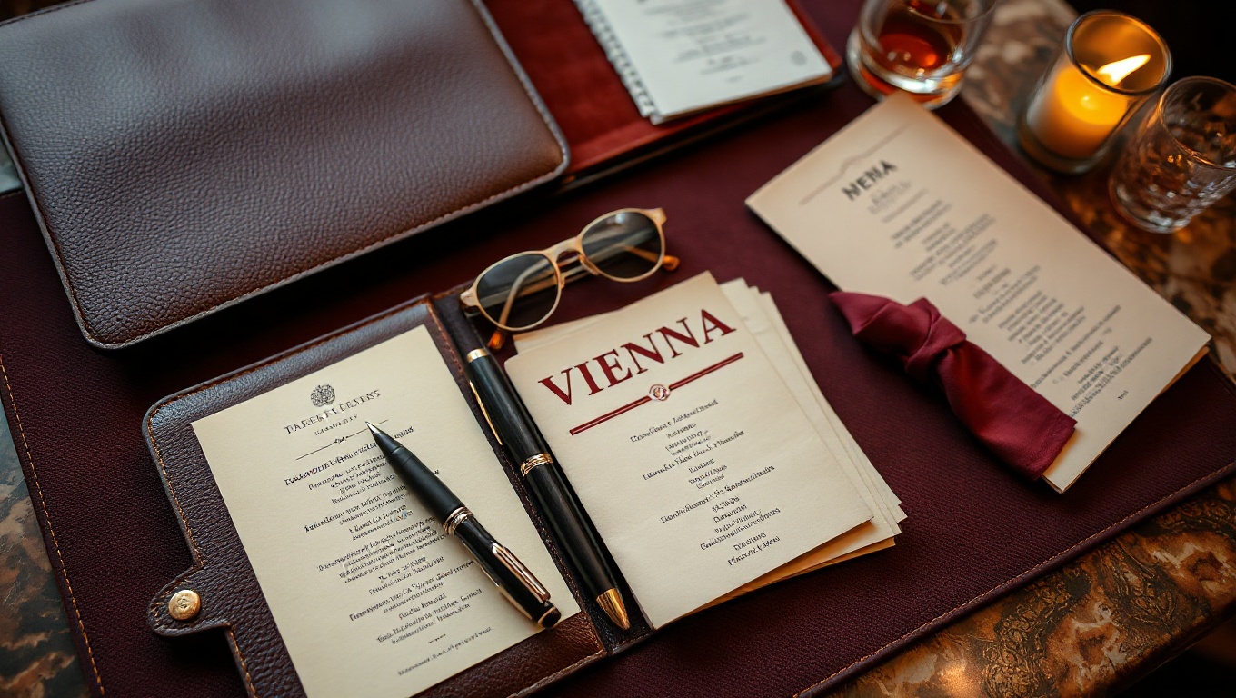 Ein offenes Lederreiseportfolio mit einem Abendprogramm, umgeben von eleganten Accessoires, vermittelt ein Gefühl von Begleitung. Escort agentur wien.