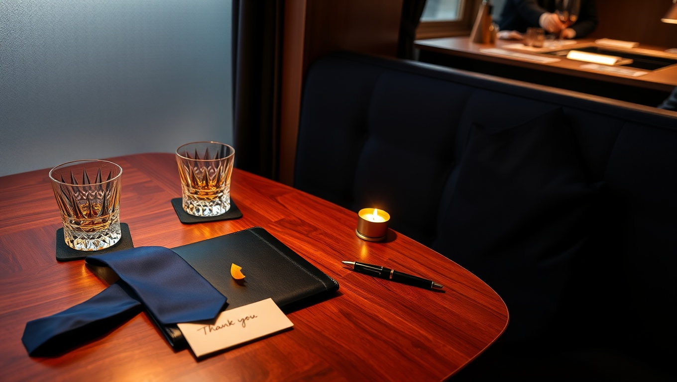 Ein eleganter Tisch mit einer blauen Krawatte, einem Lederfolio und Kristallgläsern, umgeben von intimer Atmosphäre. Kontakte mit Sex.