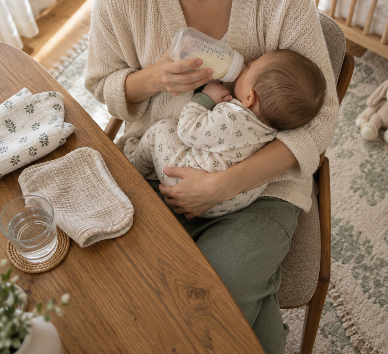 Caregiver pauses bottle-feeding baby on an oak table; a clear bottle evokes best bottles for breastfed babies.