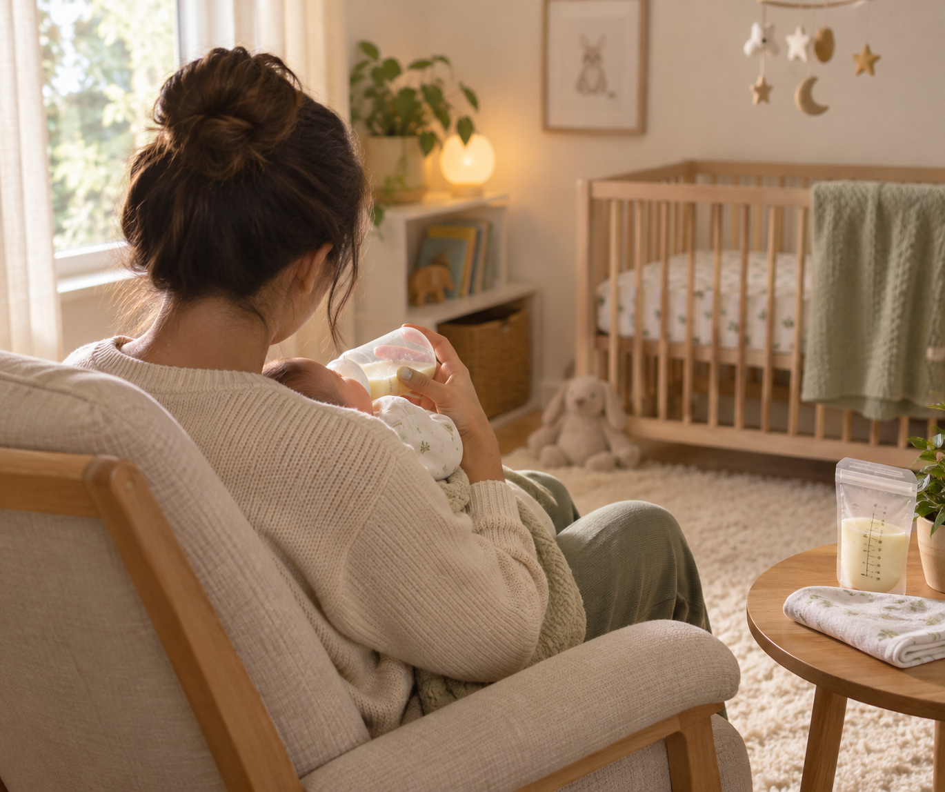 Caregiver bottle-feeds a baby in a softly lit nursery; a single bottle suits a trial of the best bottles for breastfed babies.