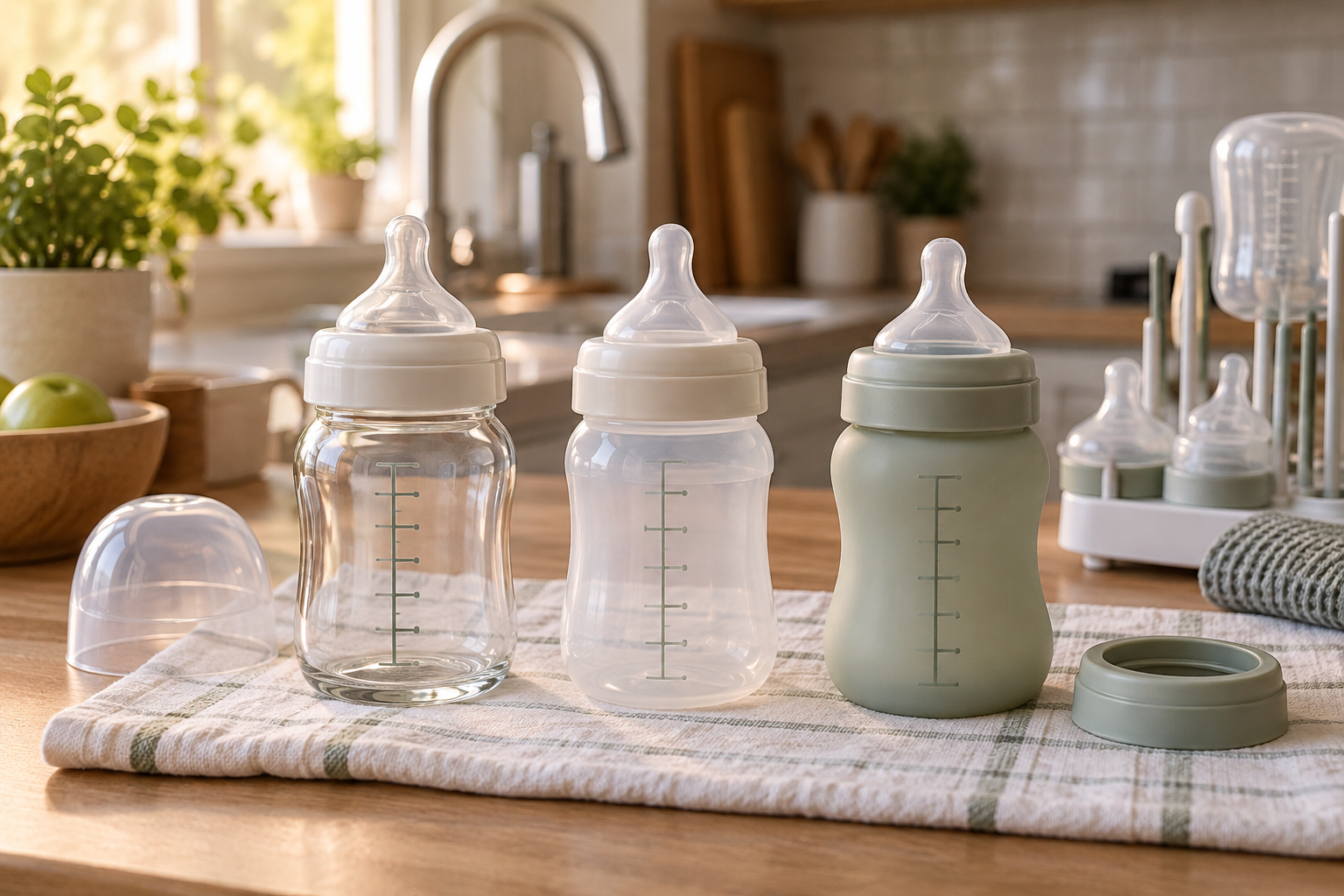 Three glass, plastic, and sage silicone baby bottles on a kitchen counter, illustrating best bottles for breastfed babies options.