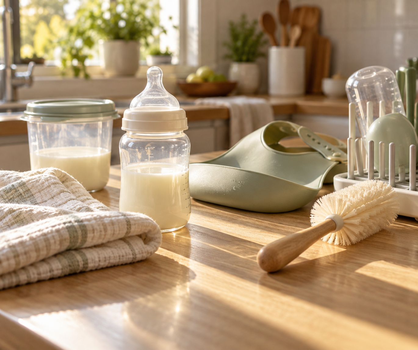 Best bottles for breastfed babies beside a burp cloth, silicone bib, milk-storage container, bottle brush, and drying rack on a sunlit counter.