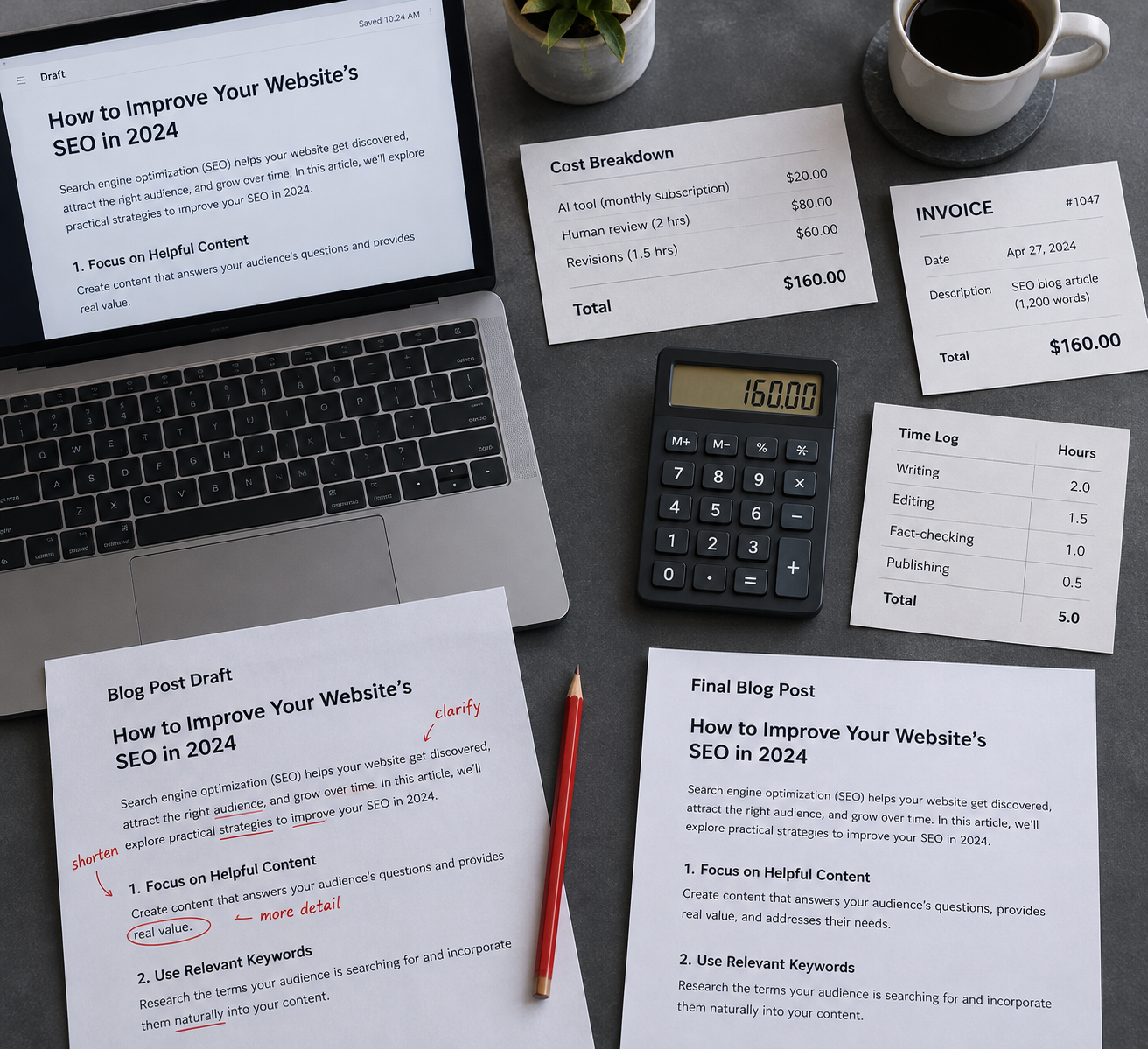 Overhead desk scene showing an ai seo blog writer workflow’s costs: laptop draft, invoice, calculator, time log, and itemized breakdown.