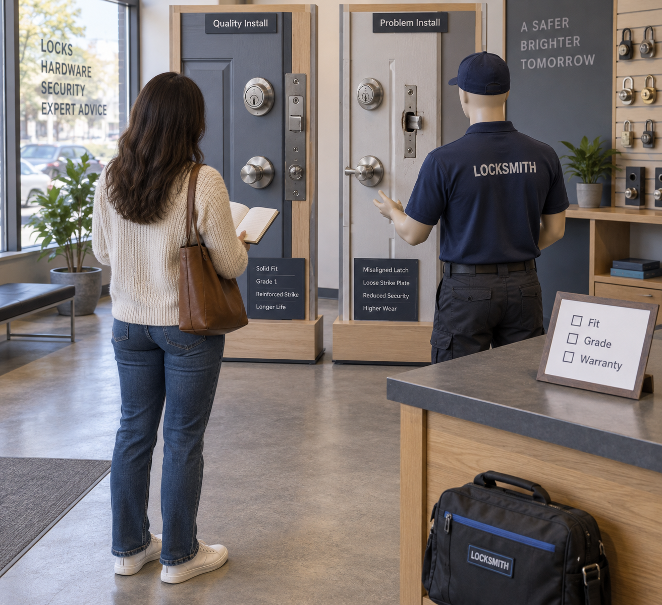 Customer and locksmith compare door locks beside an “Fit, Grade, Warranty” checklist; ai seo blog writer keyword included.