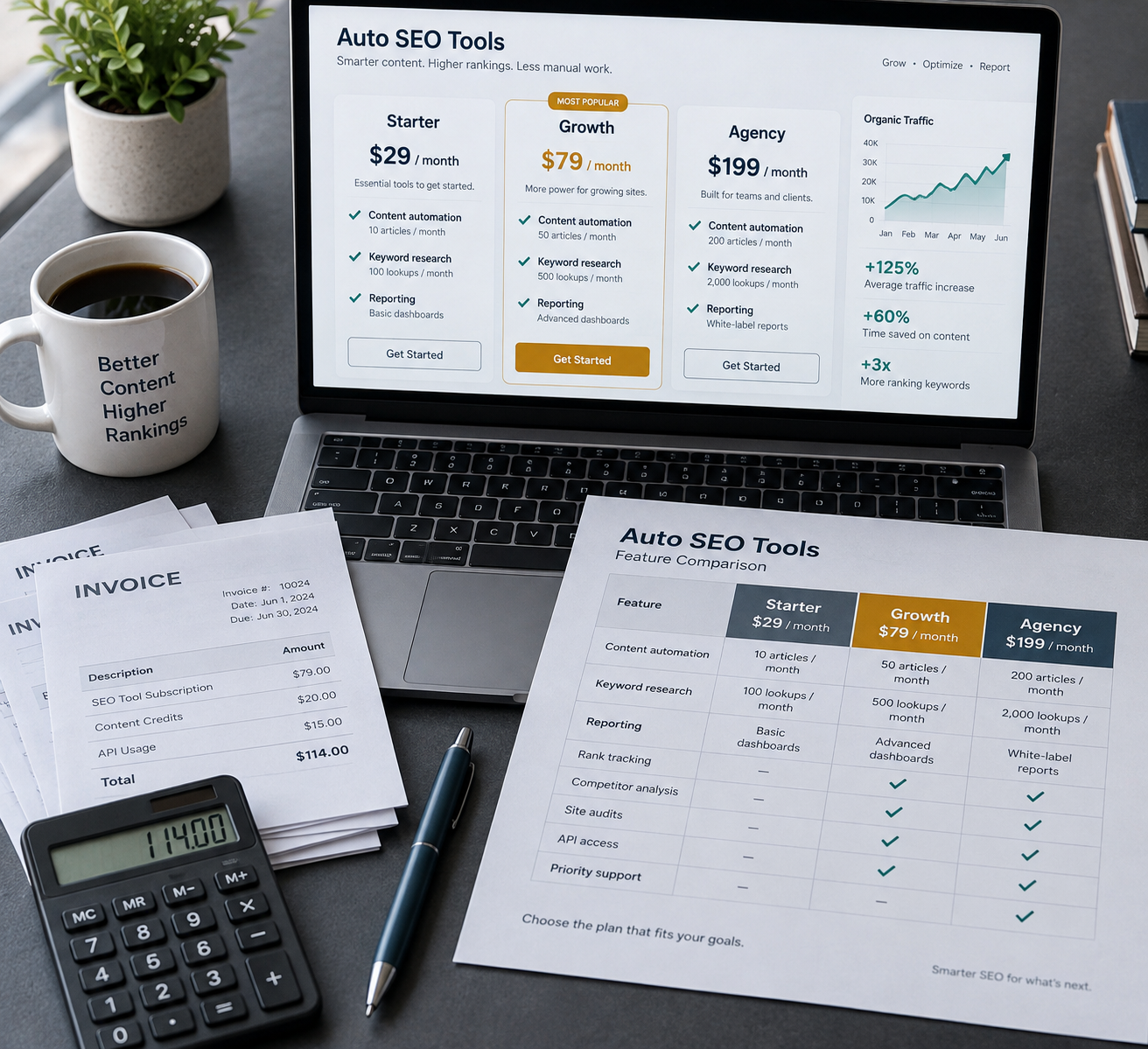 Overhead view of a laptop comparing auto seo tool plans beside a printed pricing sheet, calculator, pen, and invoices on a charcoal desk.
