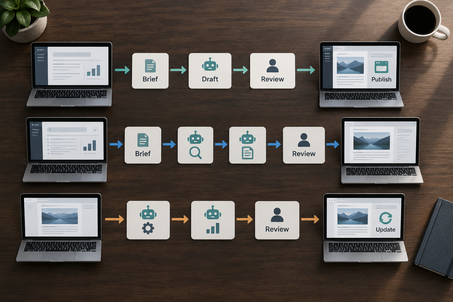 Overhead desk with three SEO content writer tool workflows showing brief, draft, review, publish, and update stages on laptops and cards.