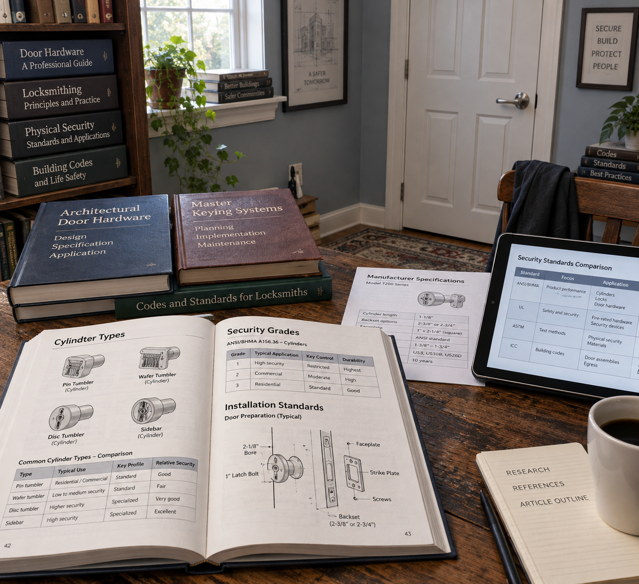 Locksmith reference library with an open handbook, mechanism diagrams, standards chart, and installed door; seo content writer tool research scene.