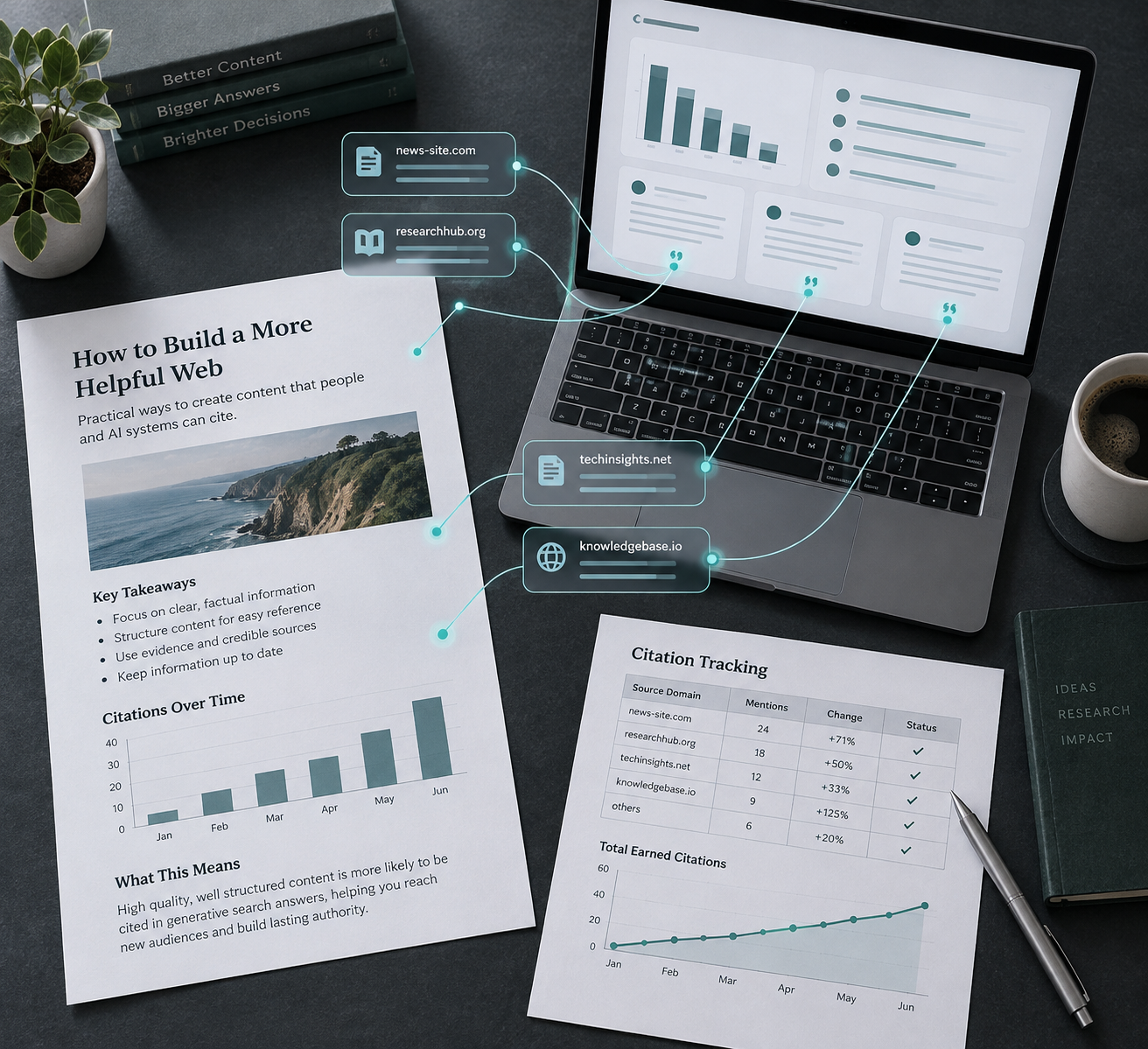 Overhead desk scene showing generative engine optimization software tracking article citations with analytics, source links, and a rising chart.