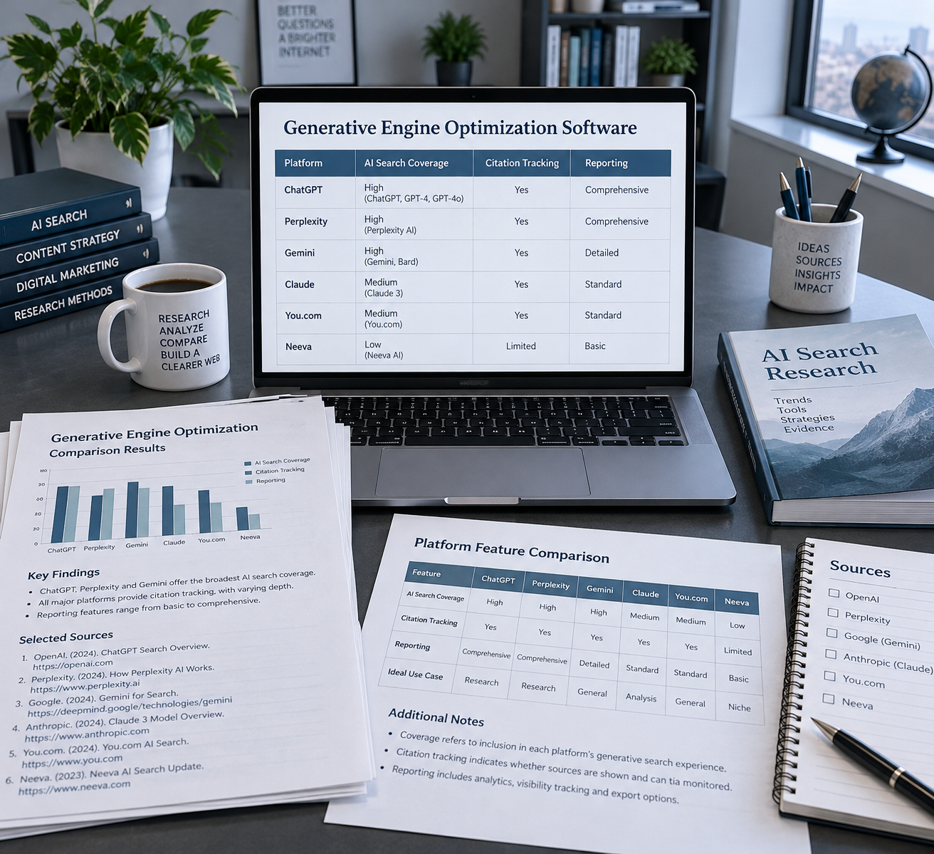 Laptop displays a comparison table for generative engine optimization software beside research printouts, a reference book, and a sources notebook.