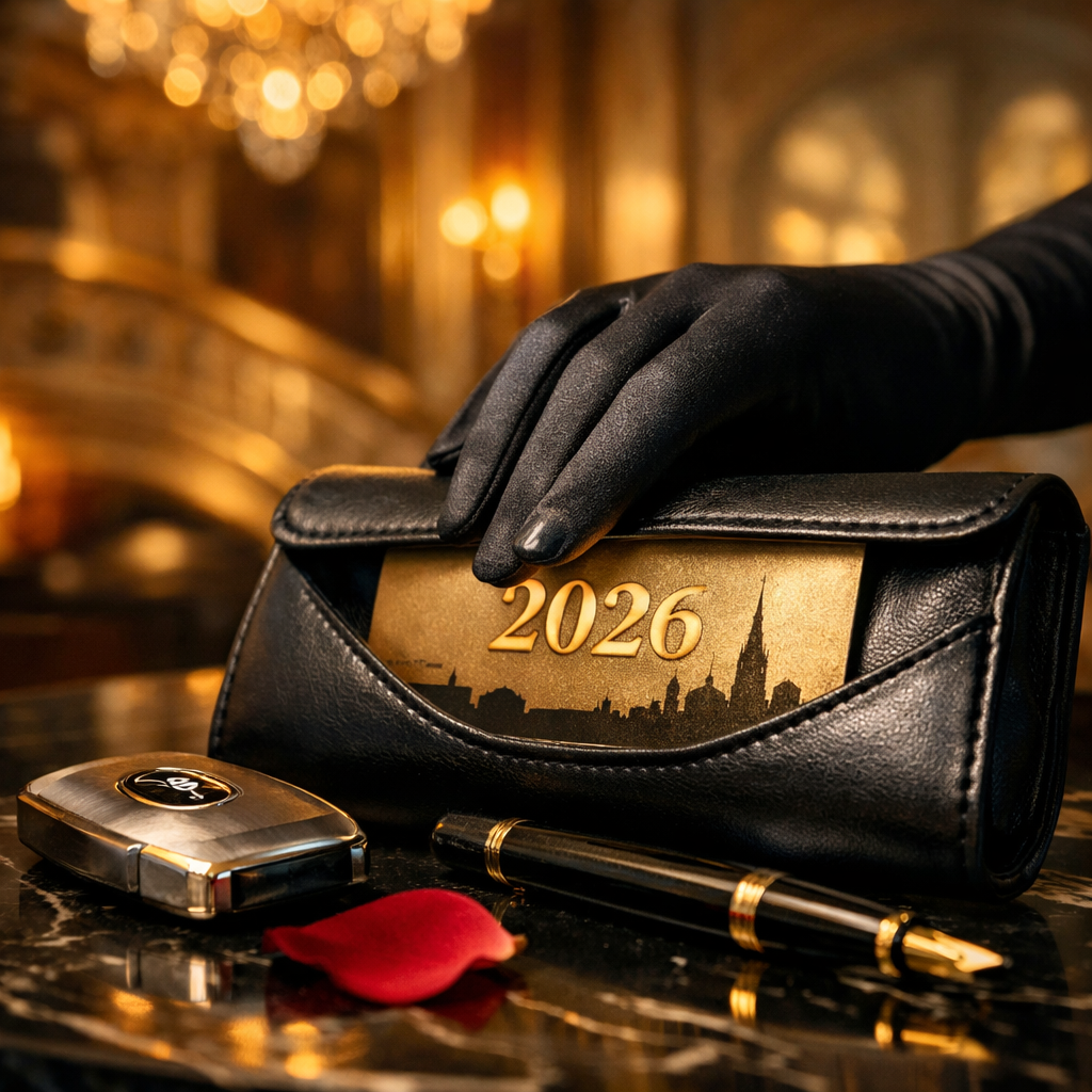 Eine elegante Hand in schwarzem Satin-Handschuh berührt eine Clutch mit Einladungskarte "2026", umgeben von Luxus-Escorts in Wien.