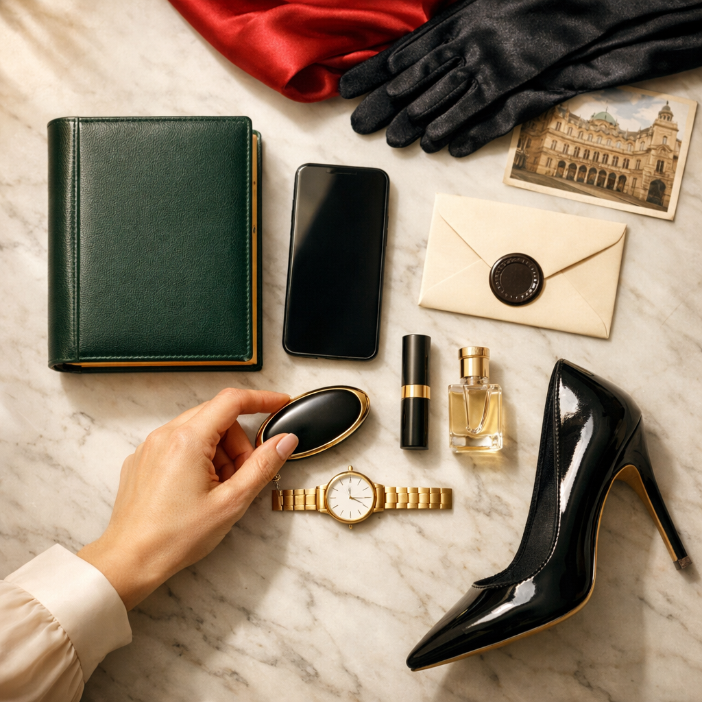 Elegante Anordnung von Luxus-Accessoires für Luxus-Escorts in Wien auf einem Carrara-Marmor-Tisch, sanft beleuchtet.