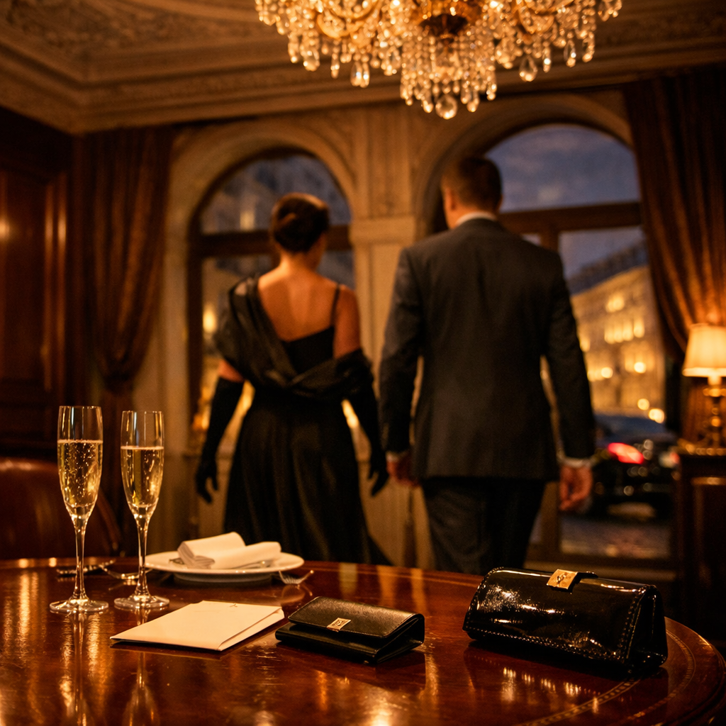 Opulentes privates Speisezimmer in Wien bei Dämmerung, elegant eingerichtet, ideal für Luxus-Escorts in Wien.