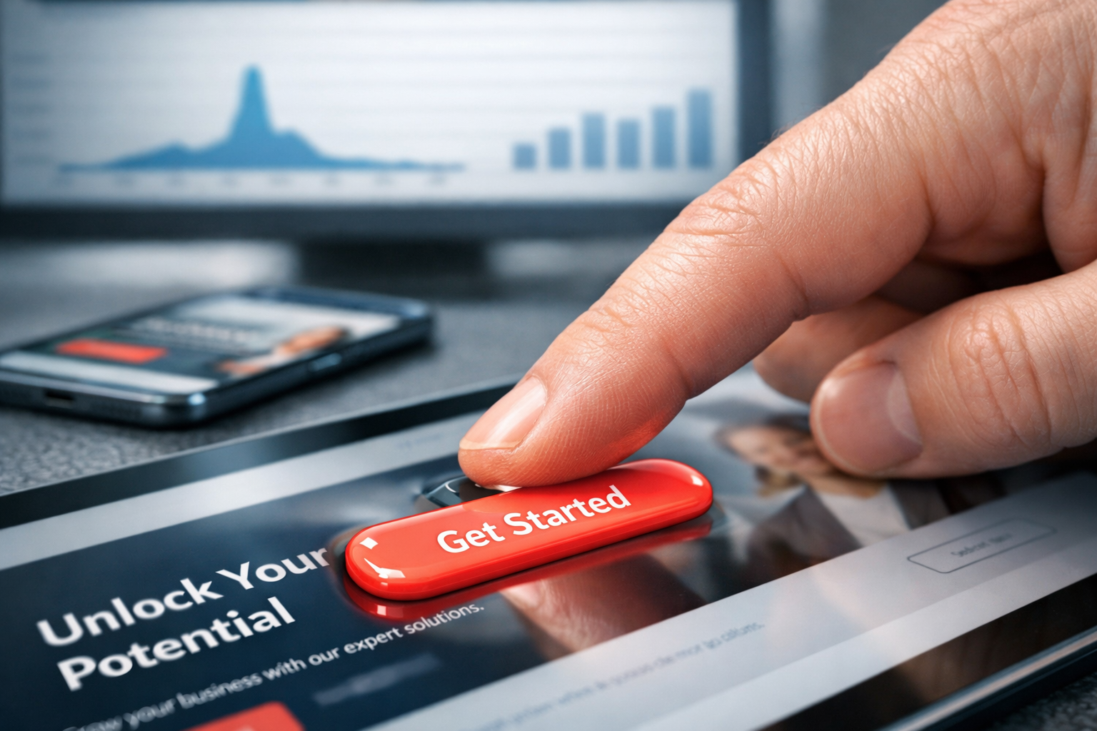 Close-up of a finger pressing a coral CTA on a tablet, highlighting why is my website not generating leads