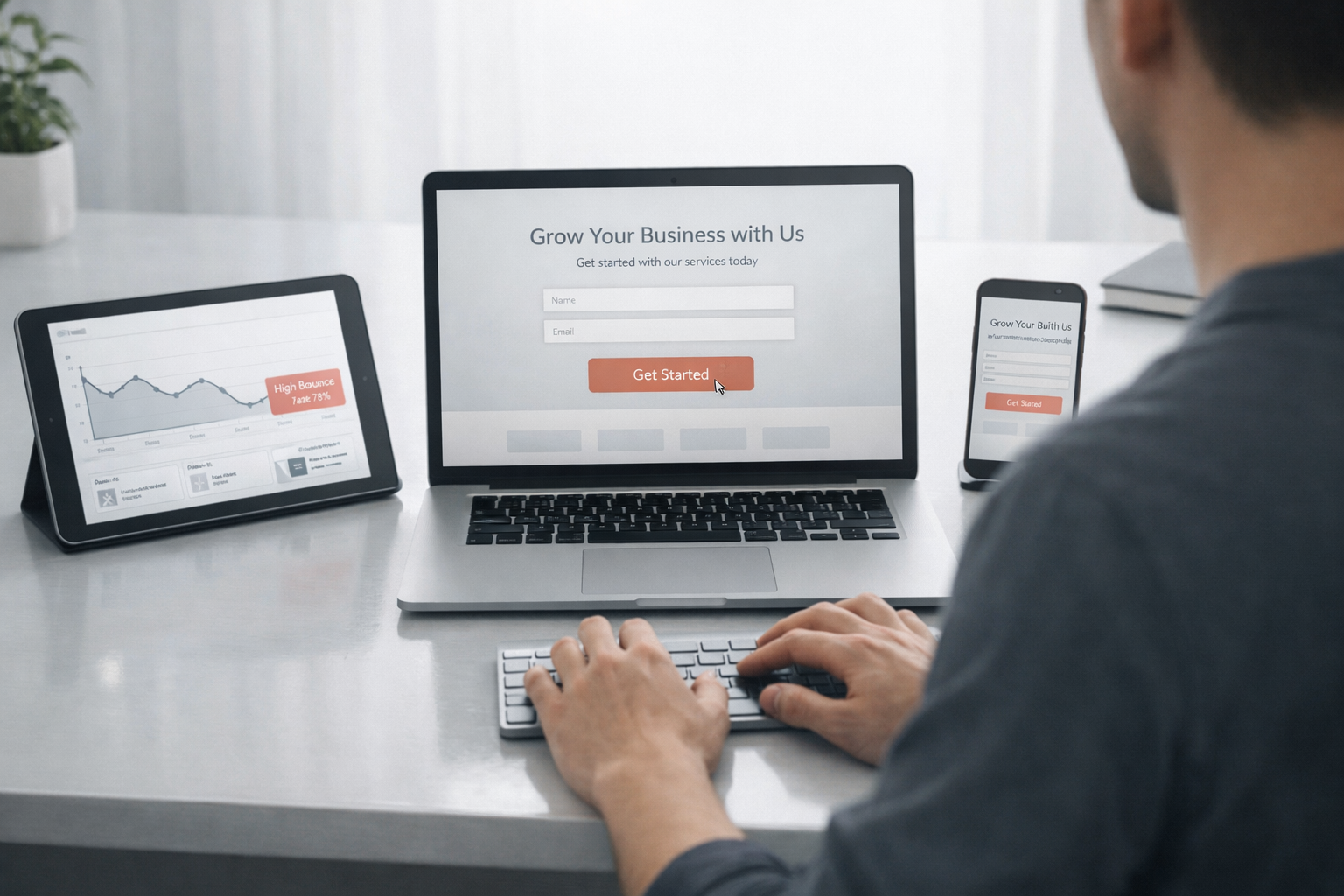 Minimalist digital workspace with laptop, tablet, and smartphone; reflects on why is my website not generating leads