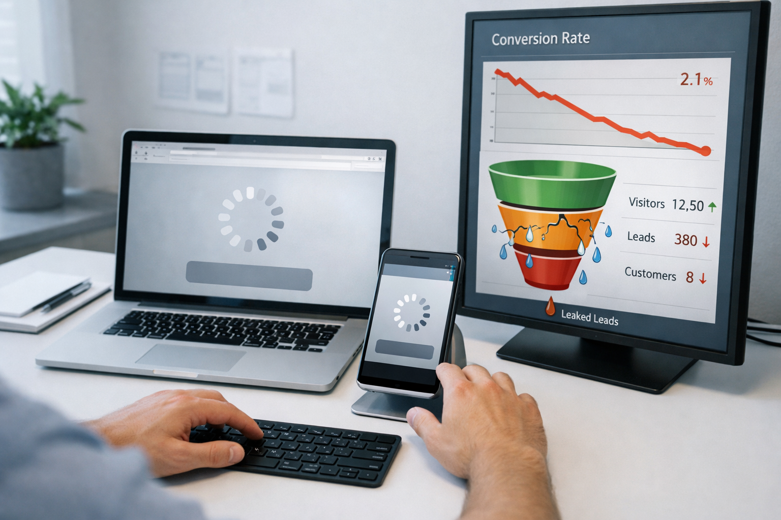 A modern workspace shows a laptop and monitor displaying stalled website analytics, evoking frustration: why is my website not generating leads