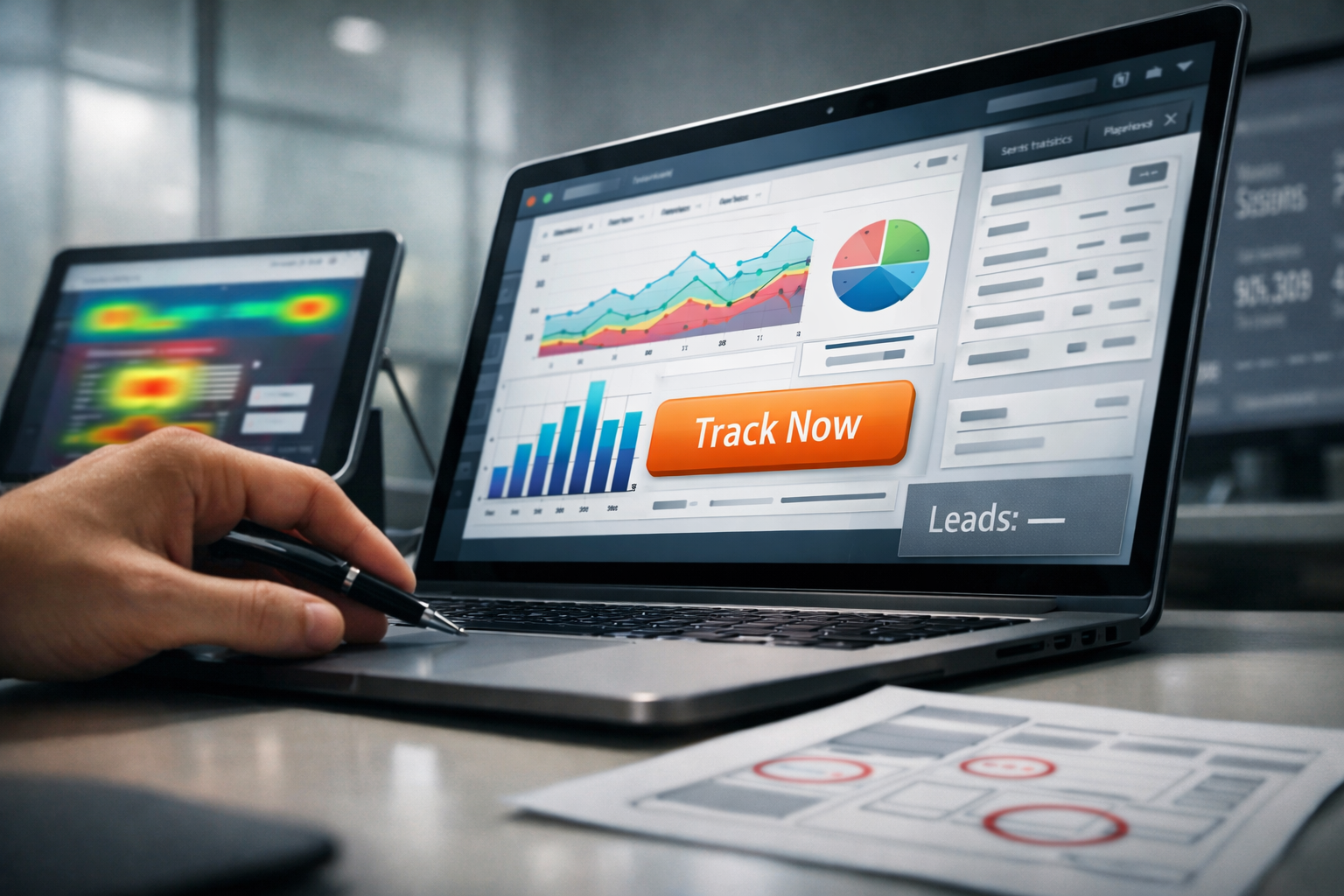 Low-angle view of a digital workspace with a laptop displaying analytics; highlights urgency: why is my website not generating leads
