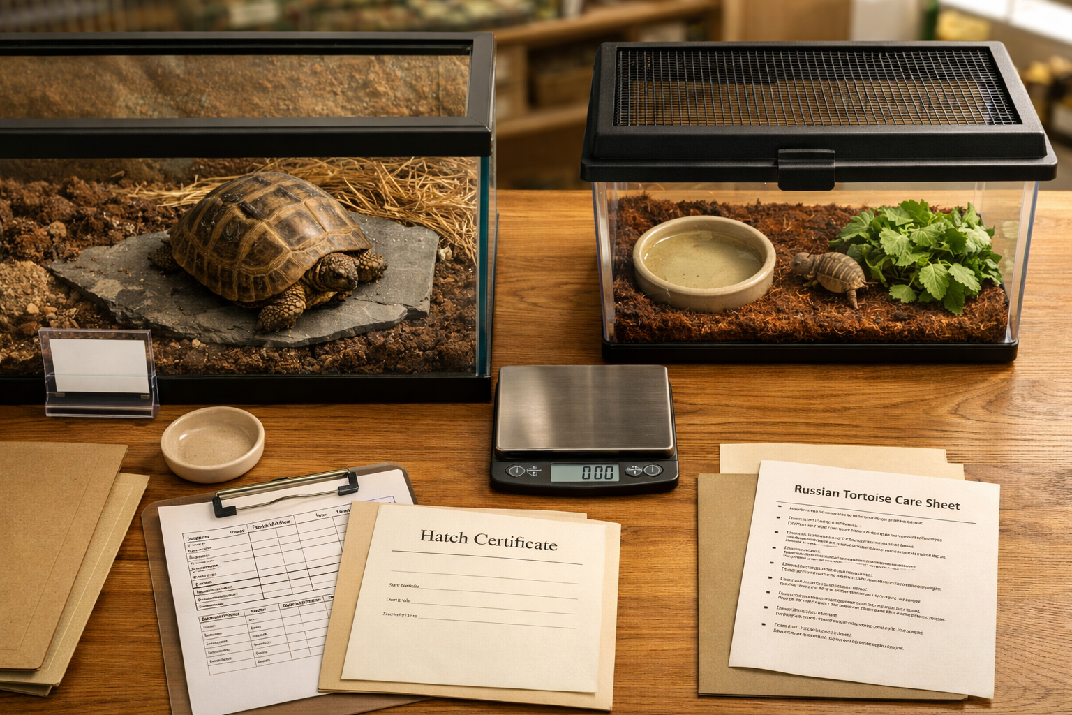 Overhead view comparing a healthy adult and hatchling Russian tortoise for sale in clean habitats with care records.