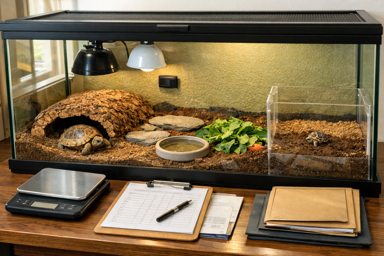 Prepared Russian tortoise enclosure with adult and hatchling, supplies and records, promoting a responsible russian tortoise for sale.