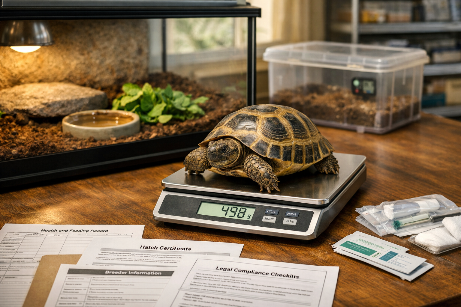 Russian tortoise for sale on a digital scale beside clean habitats, records, and care supplies in a breeder’s workspace.