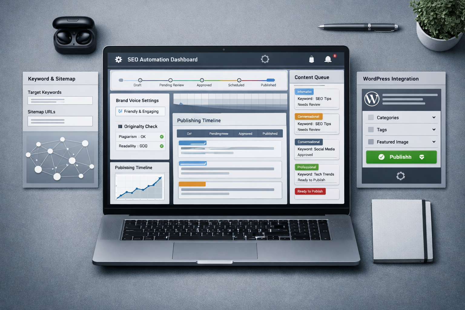 Overhead SEO automation dashboard on laptop with CMS queue, publish status, and tool for content writing