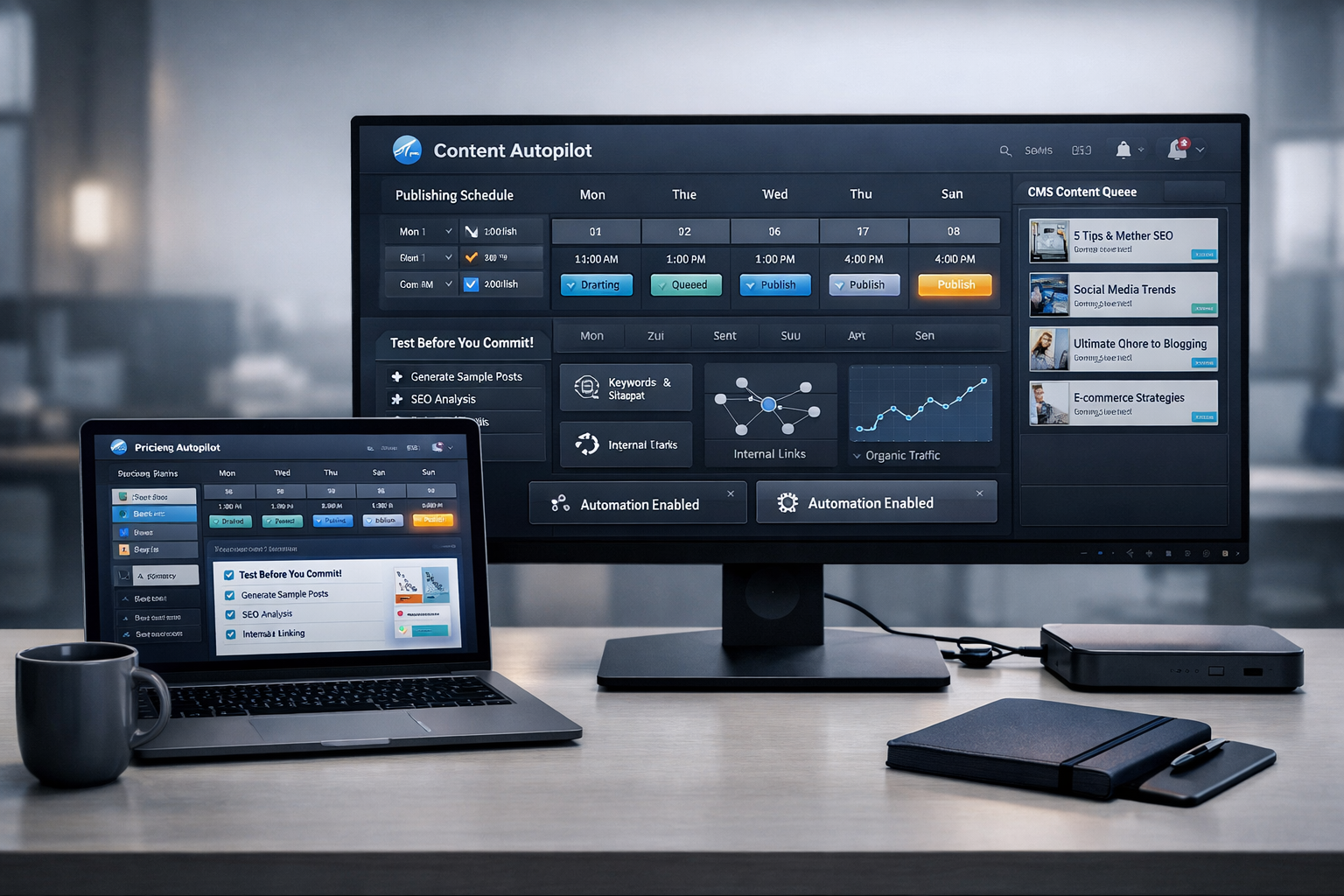Modern workspace with content-autopilot dashboard on laptop and monitor, tool for content writing