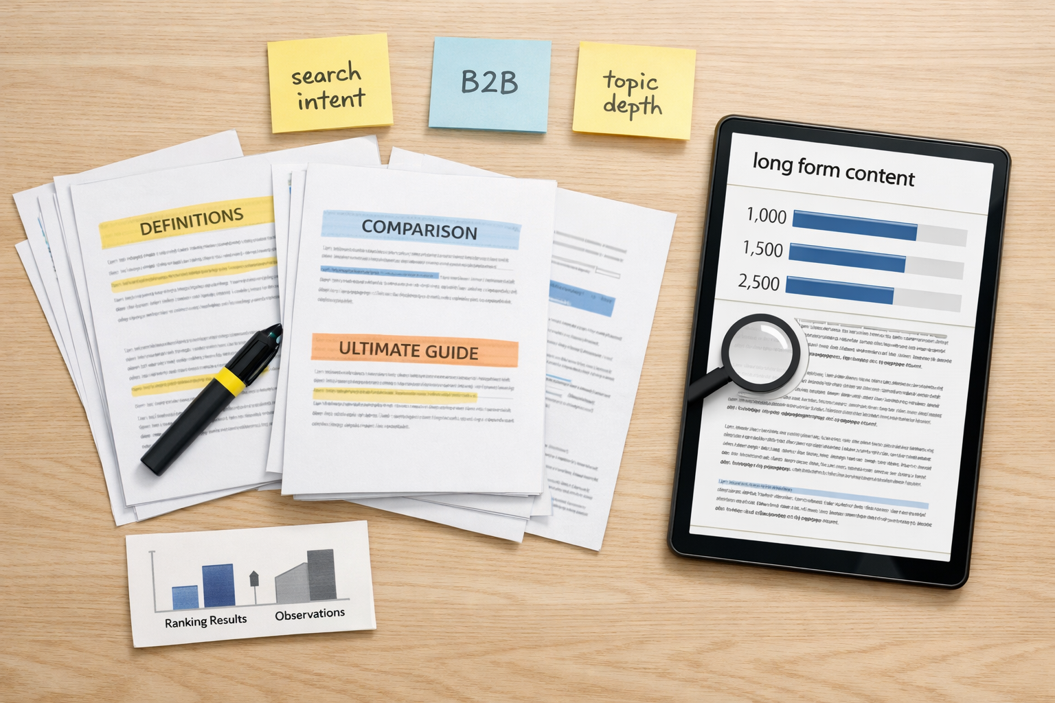 Flat lay of content strategy desk with long form content tablet, manuscript pages, notes, and charts.