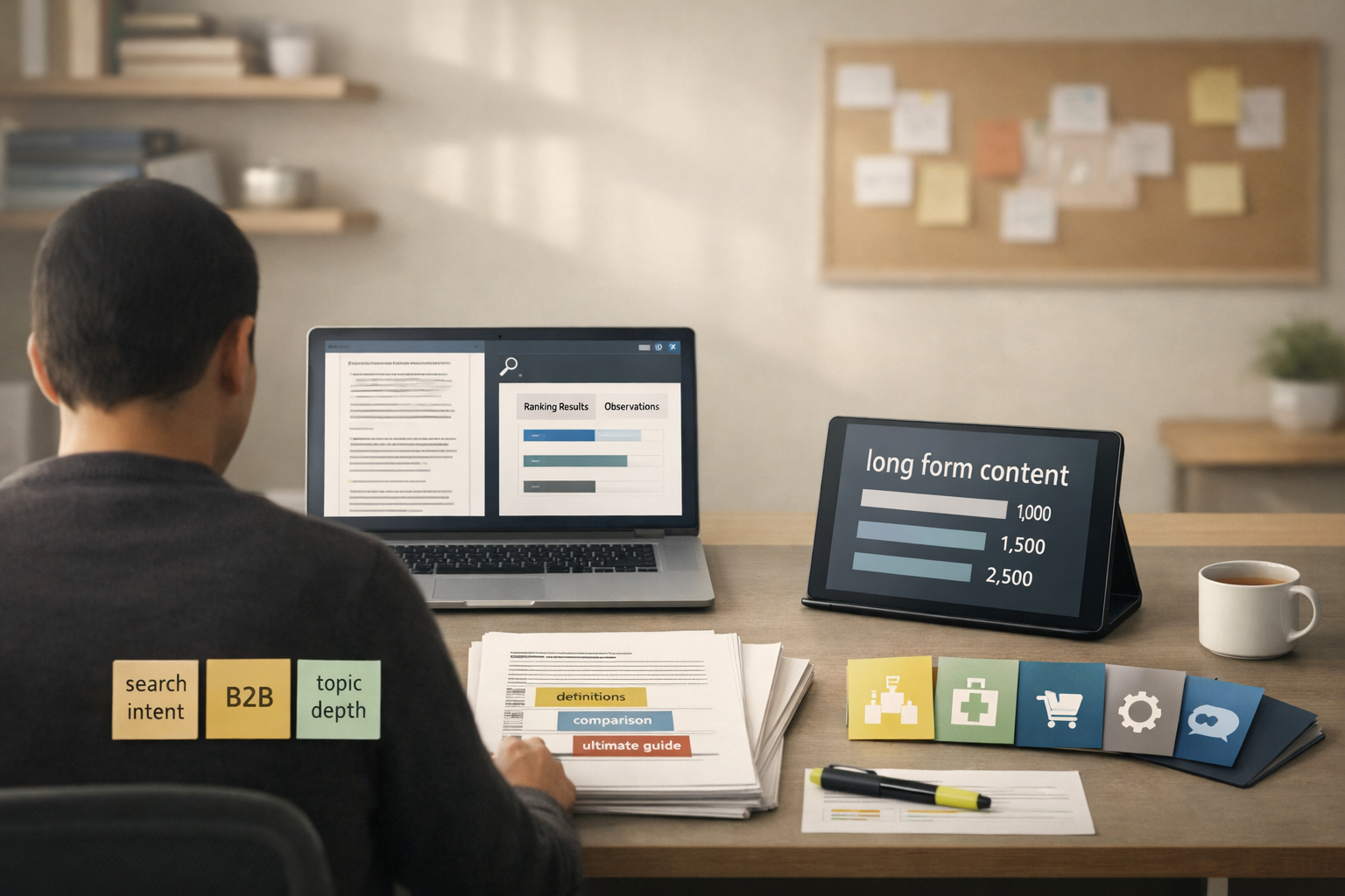 Faceless strategist at modern desk reviewing long form content pages, charts, and research notes in a studio