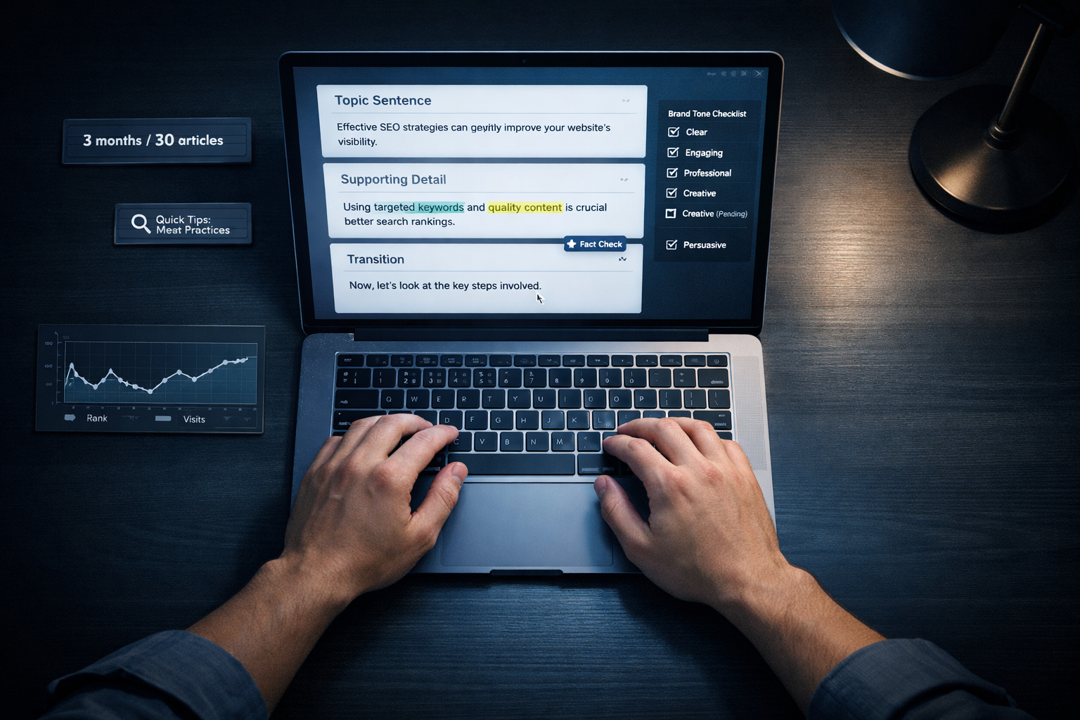 Overhead of hands editing ai paragraph writing on a laptop, with SEO notes and analytics on a dark desk.