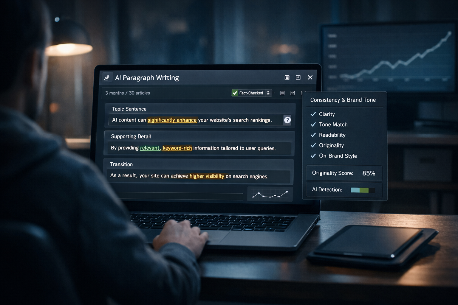 Faceless strategist at night desk revising ai paragraph writing on a laptop with SEO checklist overlays.
