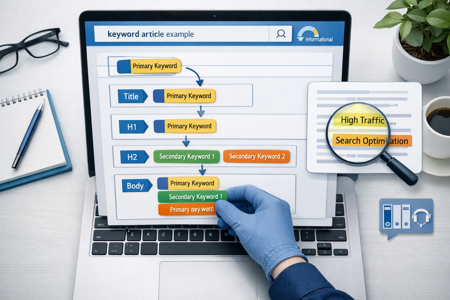 Bird’s-eye SEO workspace with laptop mapping keyword article example into title, H1, H2 and body tags