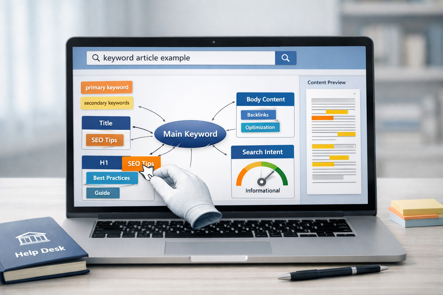 Laptop shows keyword article example SEO worksheet with keyword chips in title, H1, H2, body, and intent zones.