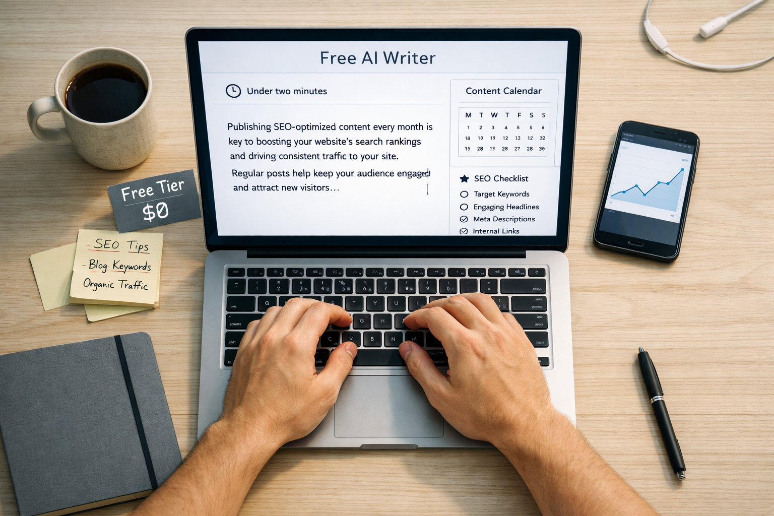 Overhead home office desk with hands typing on a laptop showing a free ai writer blog editor and SEO checklist.