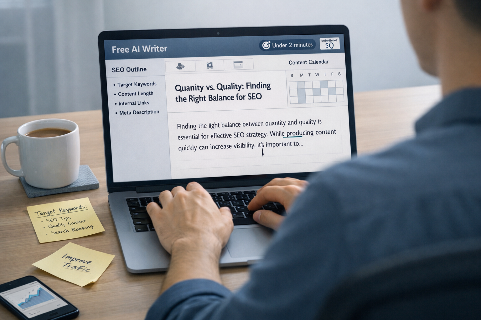 Person typing at laptop on modern desk, free ai writer screen showing blog draft and SEO calendar