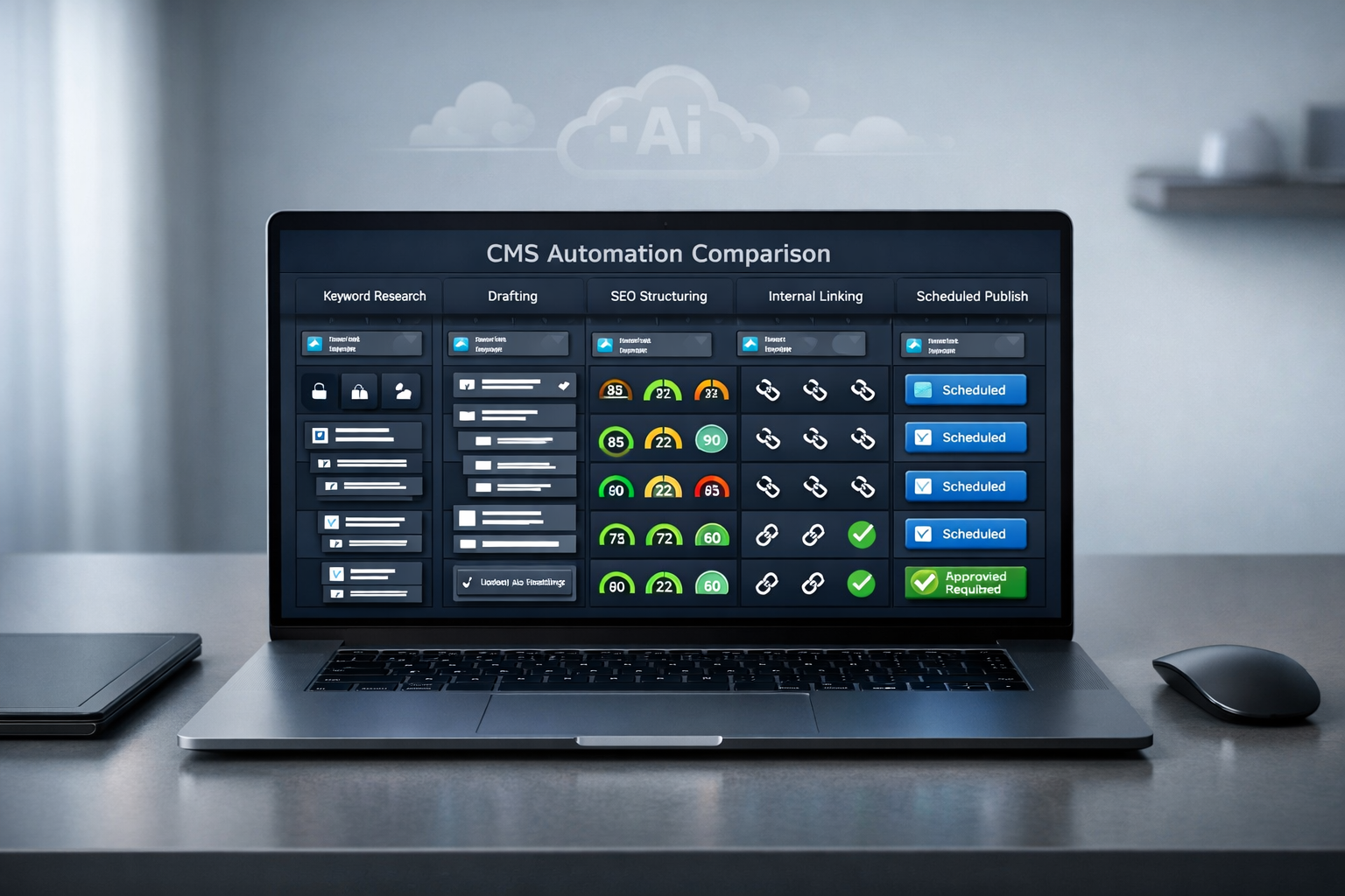 Laptop on modern desk showing automatic blog CMS dashboard with workflow cards and status icons