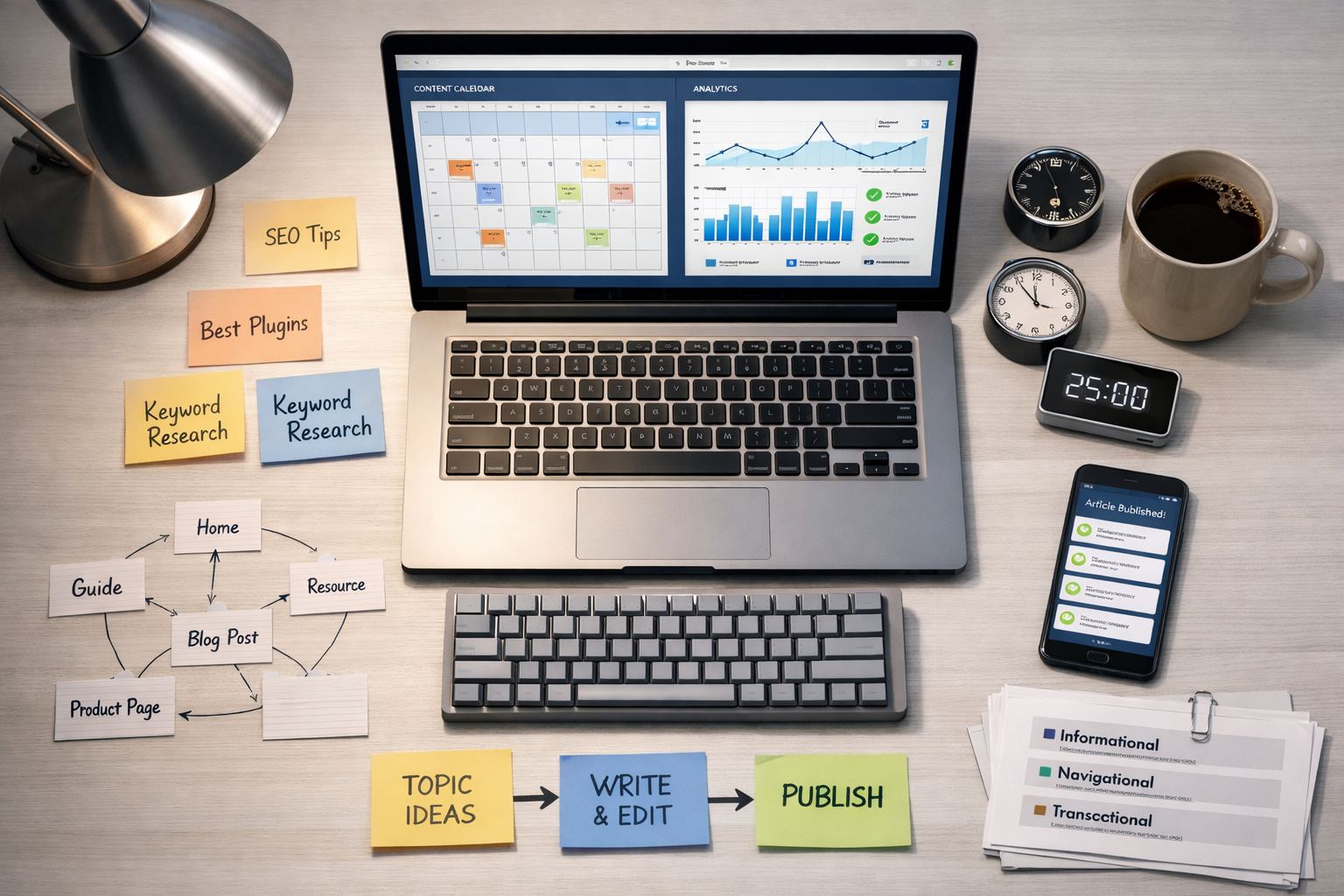 Overhead desk with laptop analytics, sticky notes, keyboard, and seo do-it-yourself workflow