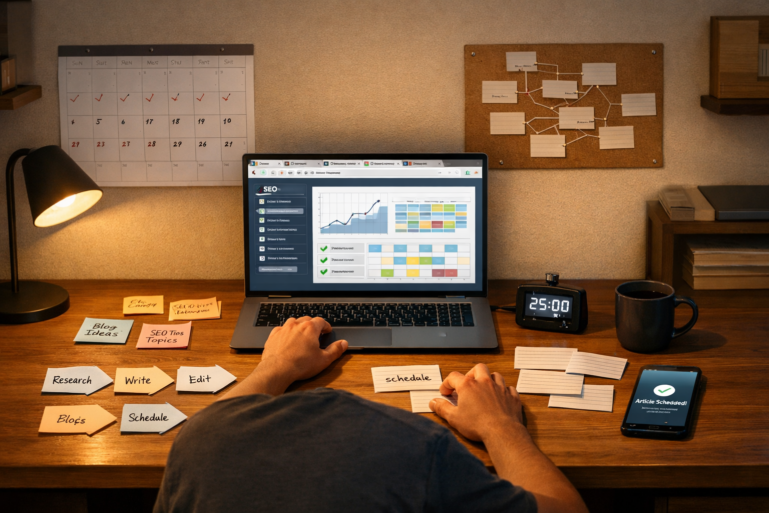 Solo creator at a desk planning SEO content on laptop, with charts, notes, and calendar; seo do-it-yourself