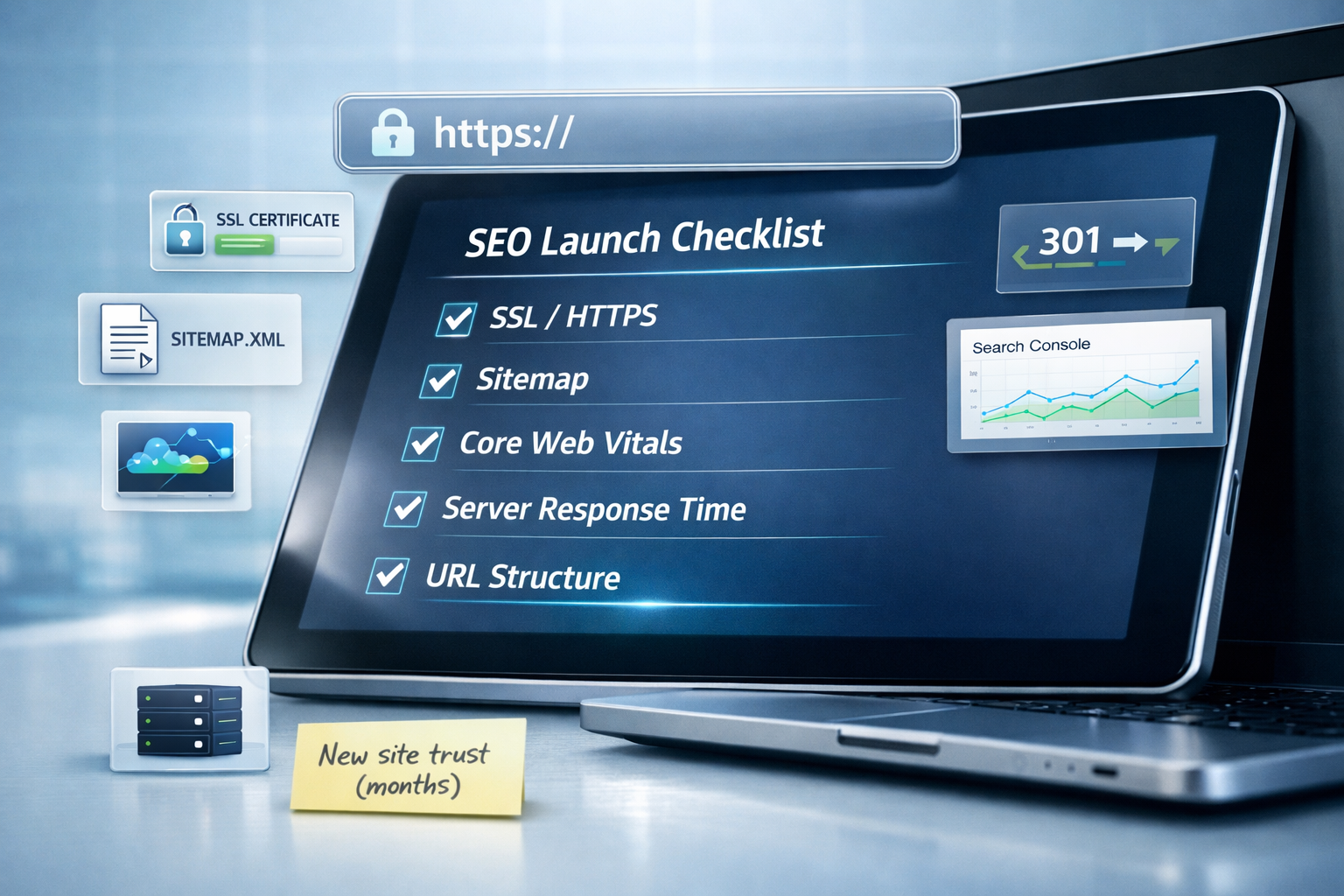 seo checklist for new website on tablet beside secure https browser and launch UI cards
