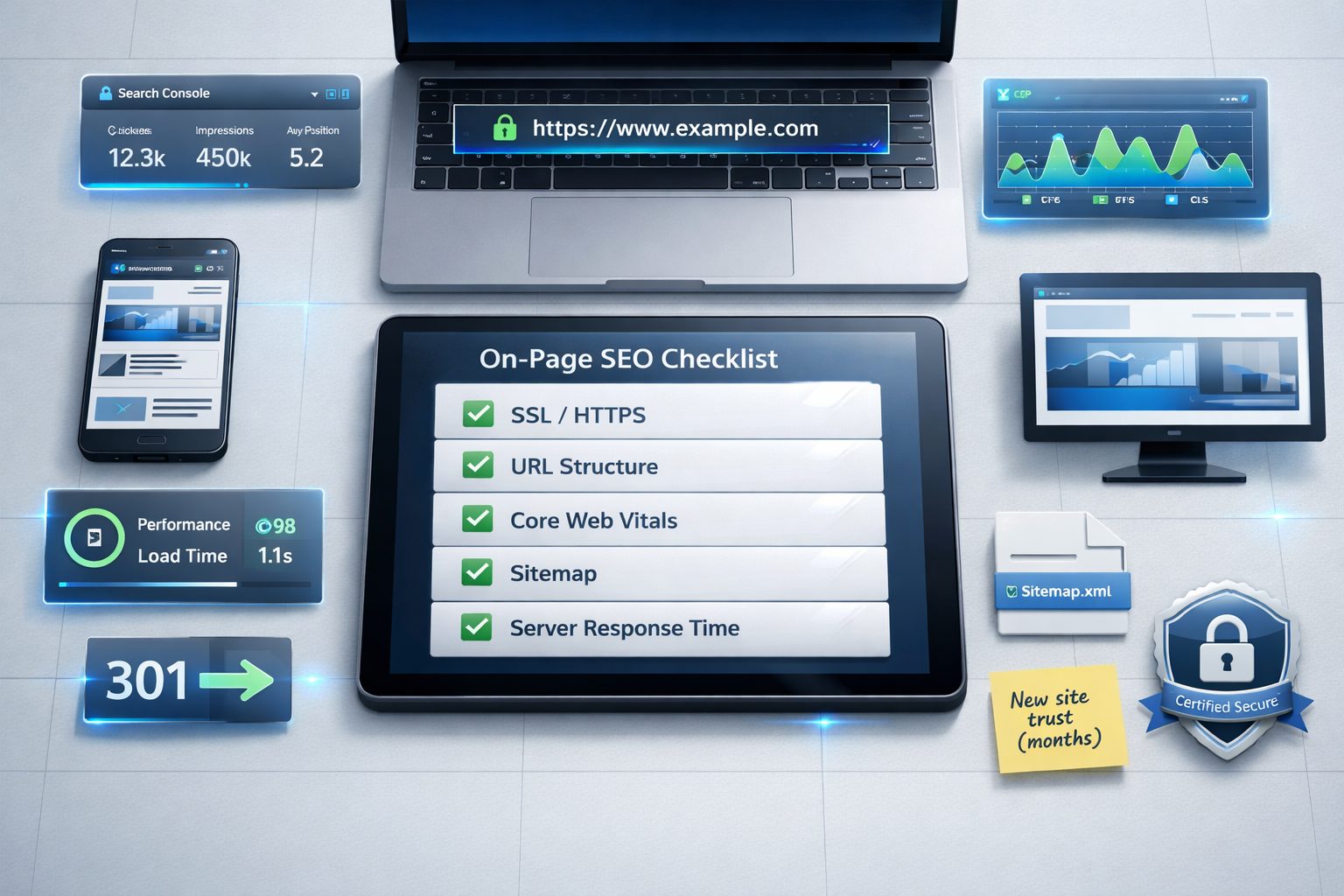 Overhead tech workspace with laptop, tablet seo checklist for new website, and HTTPS security icons.