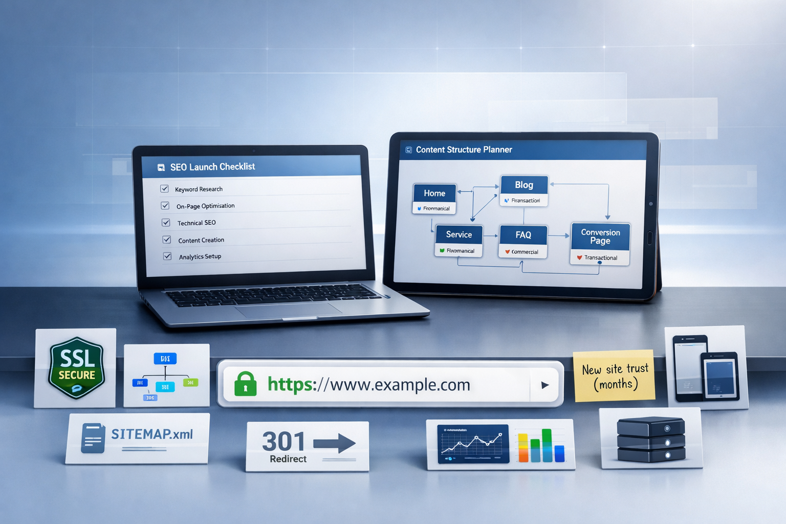 SEO checklist for new website on laptop and tablet with secure HTTPS, sitemap, SSL, and analytics UI.
