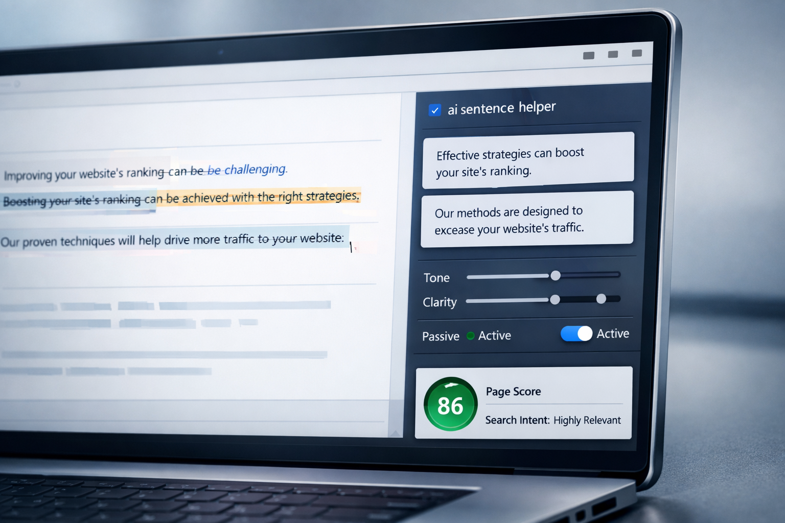 Laptop screen with SEO text edits and ai sentence helper panel in a sleek analytics workspace