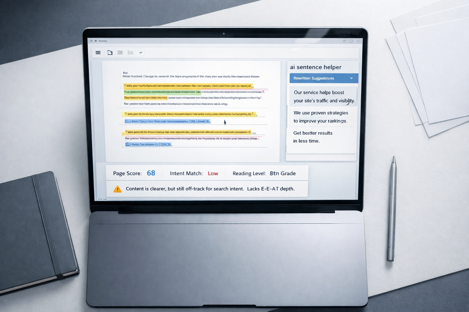 Overhead laptop showing SEO editor and ai sentence helper panel on a minimalist white desk